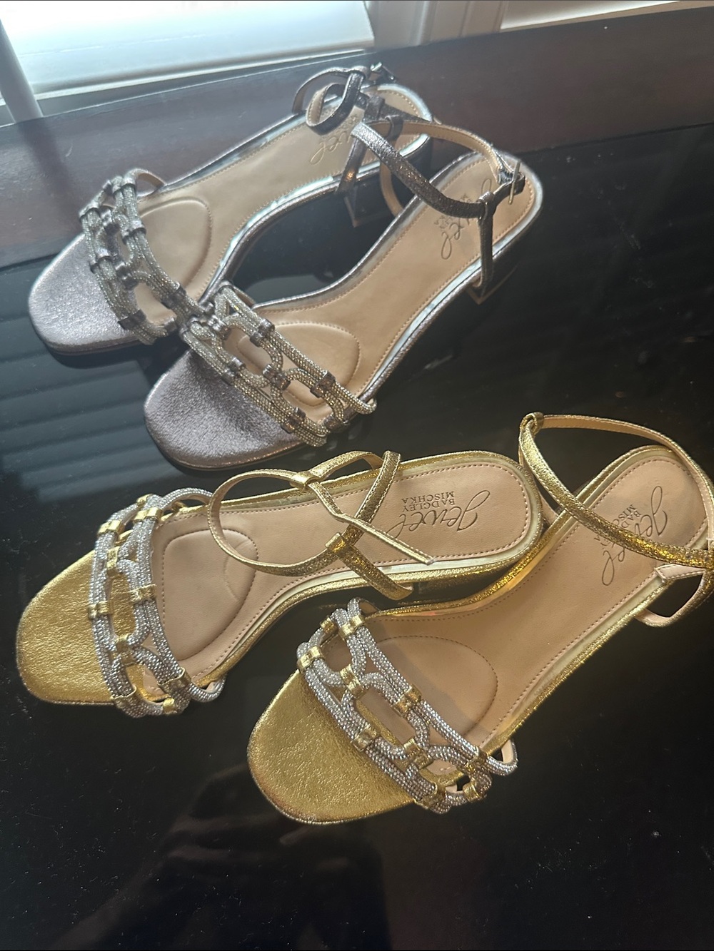 Jewel Badgley Mischka Metallic Chain-Strap Slingbacks in Gold and Silver